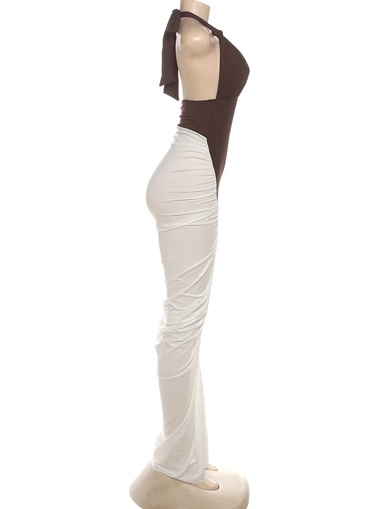 Kliou Ruched Elegant Long Dress Woman Halter Low-Neck Backless Contrast Patchwork Robe Midnight Banquet Party Classic Vestidos