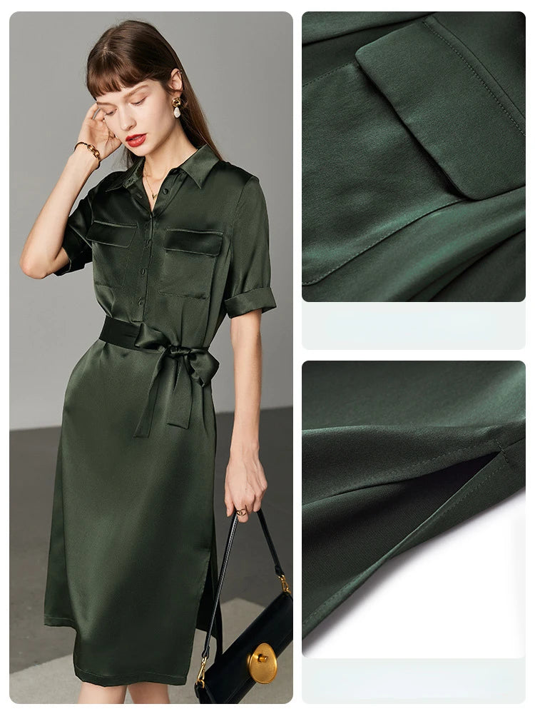 Army Green Satin Silk Dress Summer New Fashion Waist Cinching Temperament Dress, 100% Mulberry Silk A-line Workwear