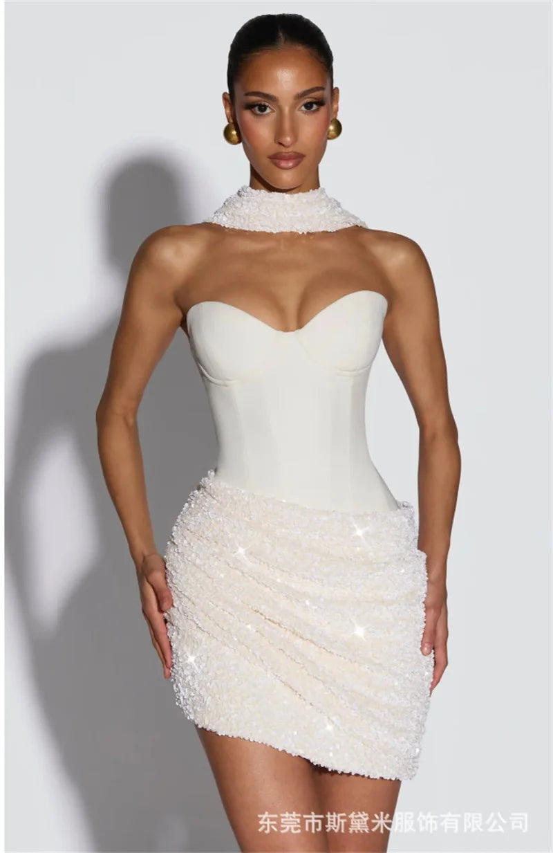 Red & White Sequin Halter Neck Mini Dress with Detachable Scarf ,Strapless Bodice, Bodycon Fit, Evening Party Club Wear Dress