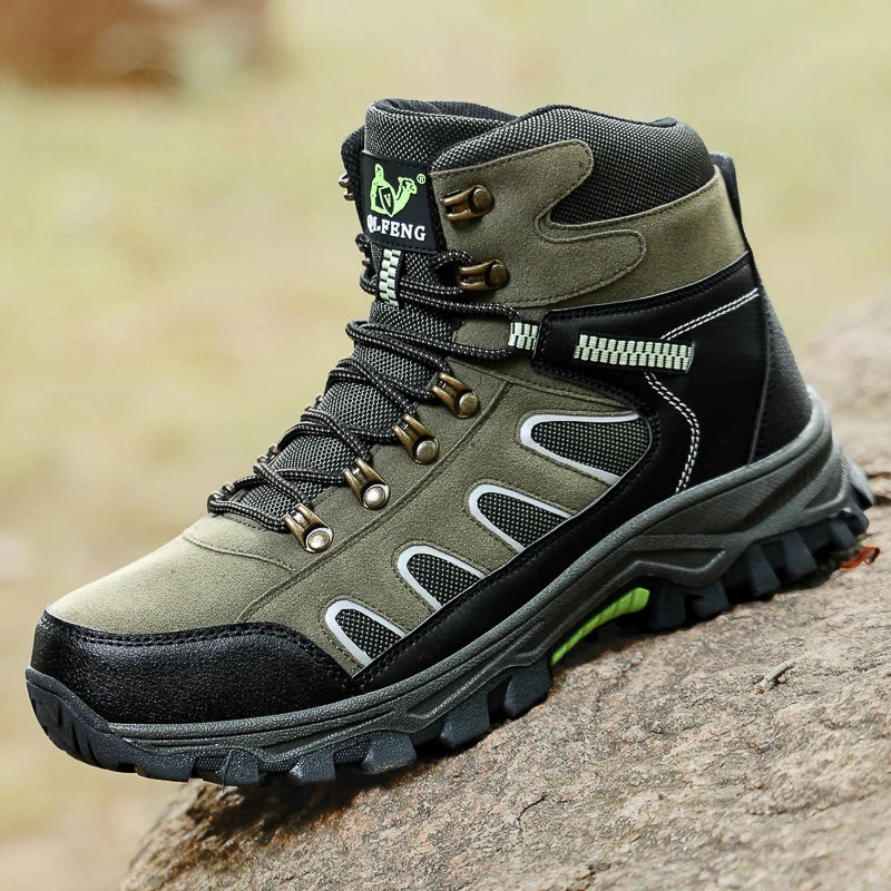 Mens Trekking Boots Thick Soles Wear-resistant Suede Leather Breathe Lace Up Sneakers Winter Warmth Comfort Camping Hiking Shoes