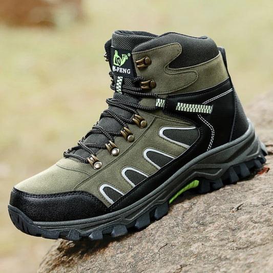 Mens Trekking Boots Thick Soles Wear-resistant Suede Leather Breathe Lace Up Sneakers Winter Warmth Comfort Camping Hiking Shoes