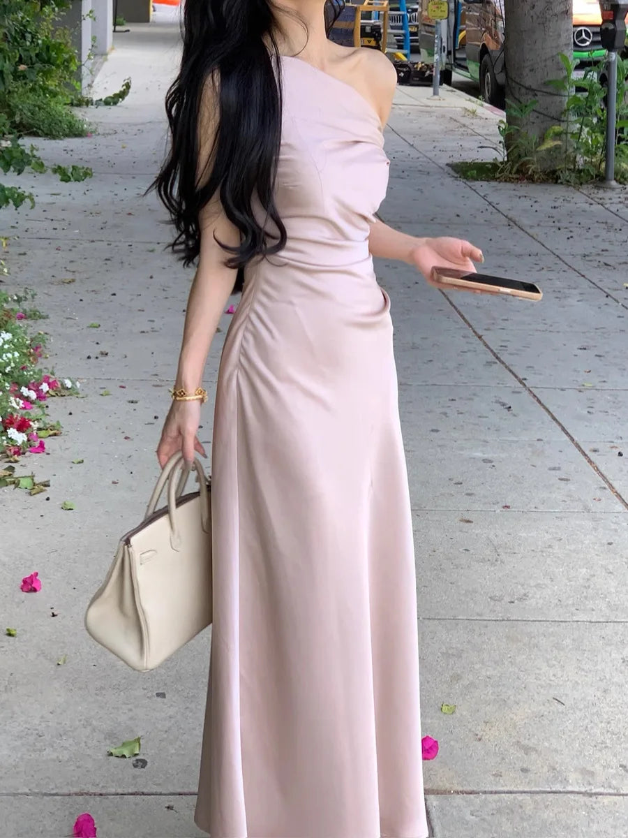 Ele Silk Blend Women's Dr ter Ne Slim Fit Fi Tail Gown Waist Cinched Summer Spring New Sle Long Evening Dr