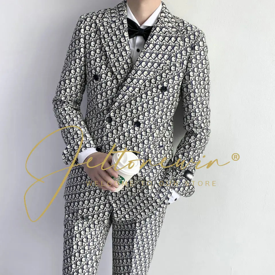 Blue Gold Jacquard Double Breasted Suit for Men Shawl Lapel Slim Fit Luxurious Fashion Statement Wedding Groom Stage Wear homme
