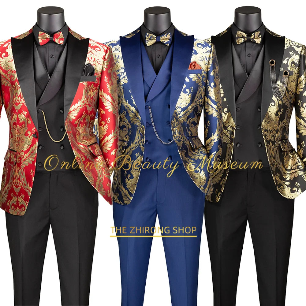 Chic Men's Modern Fit 3-Piece Suit Black Gold Jacquard Blazer Vest Pants Tailored Wedding Clothes for Groom Prom Dinner Party