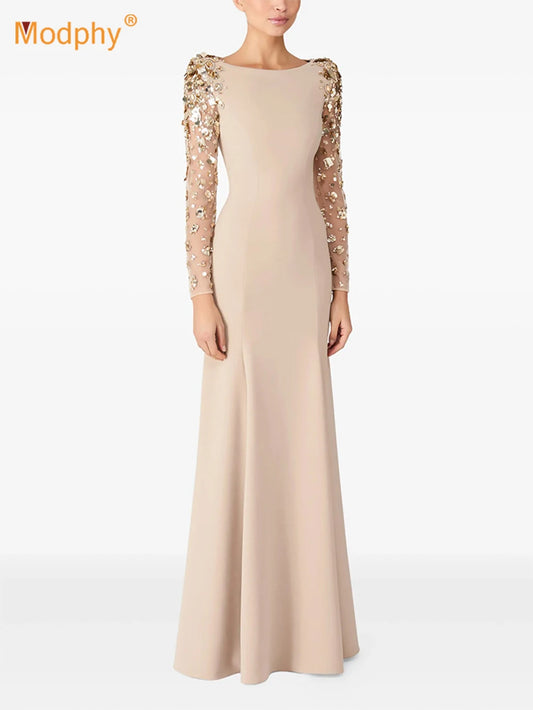Modphy Diamonds Beaded Sequins Formal Evening Dress Lace Long Sleeves Mermaid Women's Gowns Trumpet Elegant Wedding Party Dress