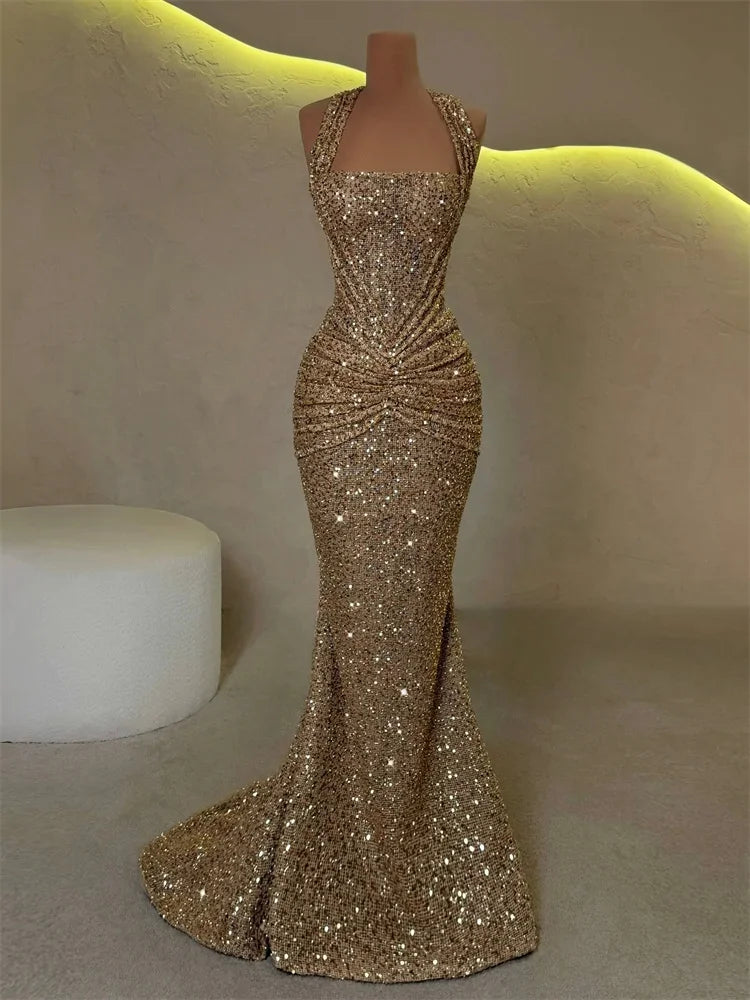 Women's Gold Sequin Halter Gown Square Neck Ruched Detail Mermaid Train Slim Fit Elegant Evening Party Formal Lady Fashion Dress