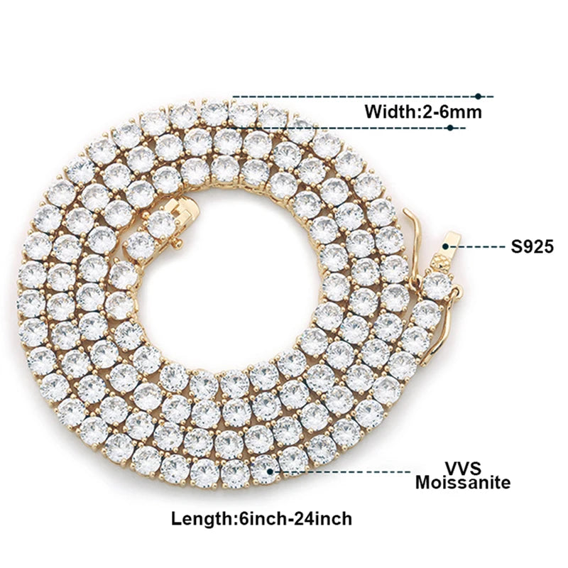 [Tennis Chain] Premium Unisex Moissanite Tennis Necklace for Men Original 925 Sterling Silver Hip Hop Tennis Bracelets for Women