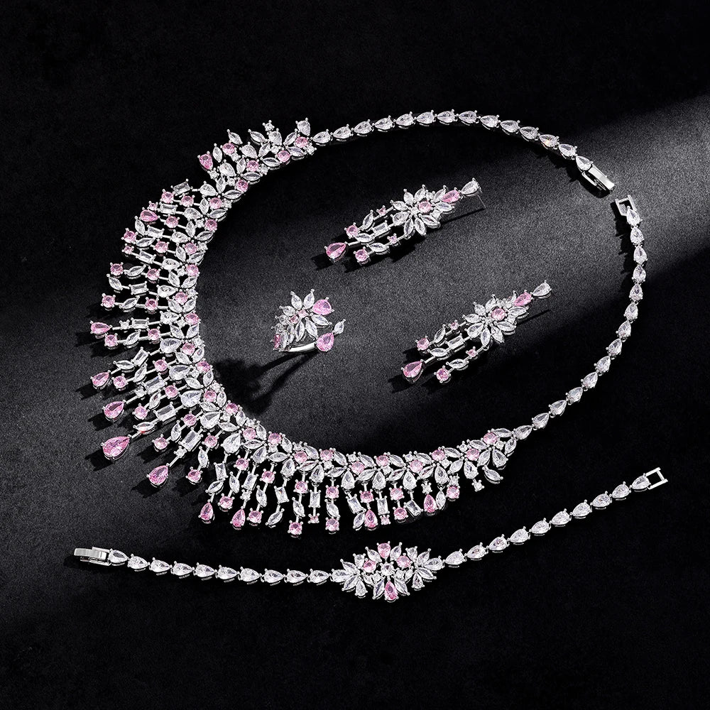 Luxury 4pcs Bridal Wedding Jewelry Set Cubic Zirconia Dubai Tassels Necklace Earrings Sets for Women Party Dress