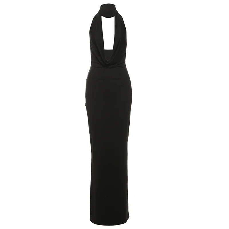 Weird Puss Hollow Halter Dress Women Low-Neck Backless Sexy Sleeveless Slits Robe Trend Midnight Banquet Coquettish Long Bodycon