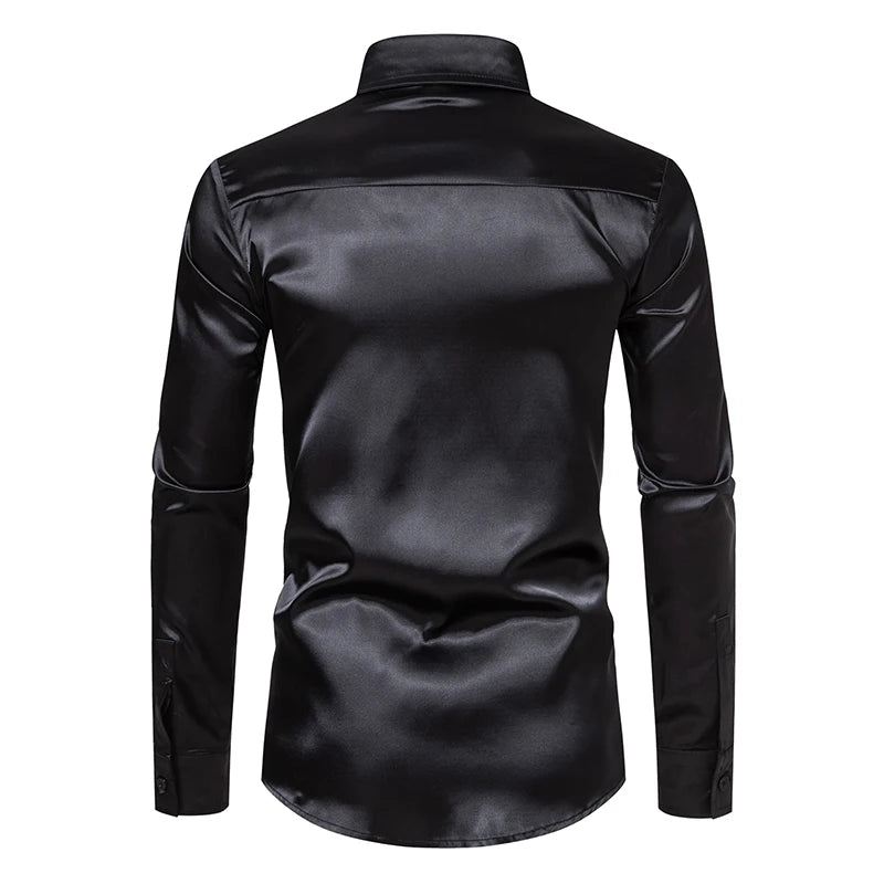 Men's Black Satin Luxury Dress Shirts Fashion Silk Smooth Tuxedo Shirt Solid Wedding Party Prom Casual Shirt Business Office