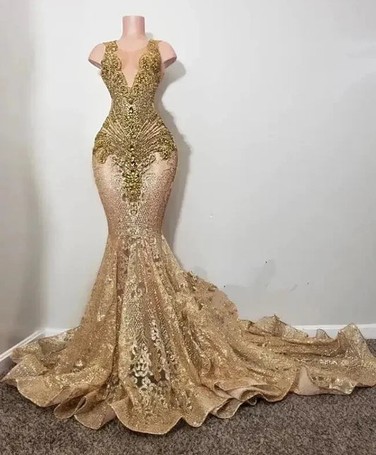 Sparkly Gold Long Prom Dresses For Black Girls Sheer Lace Beaded Birthday Party Dresses African Evening Gown Robe De Customized