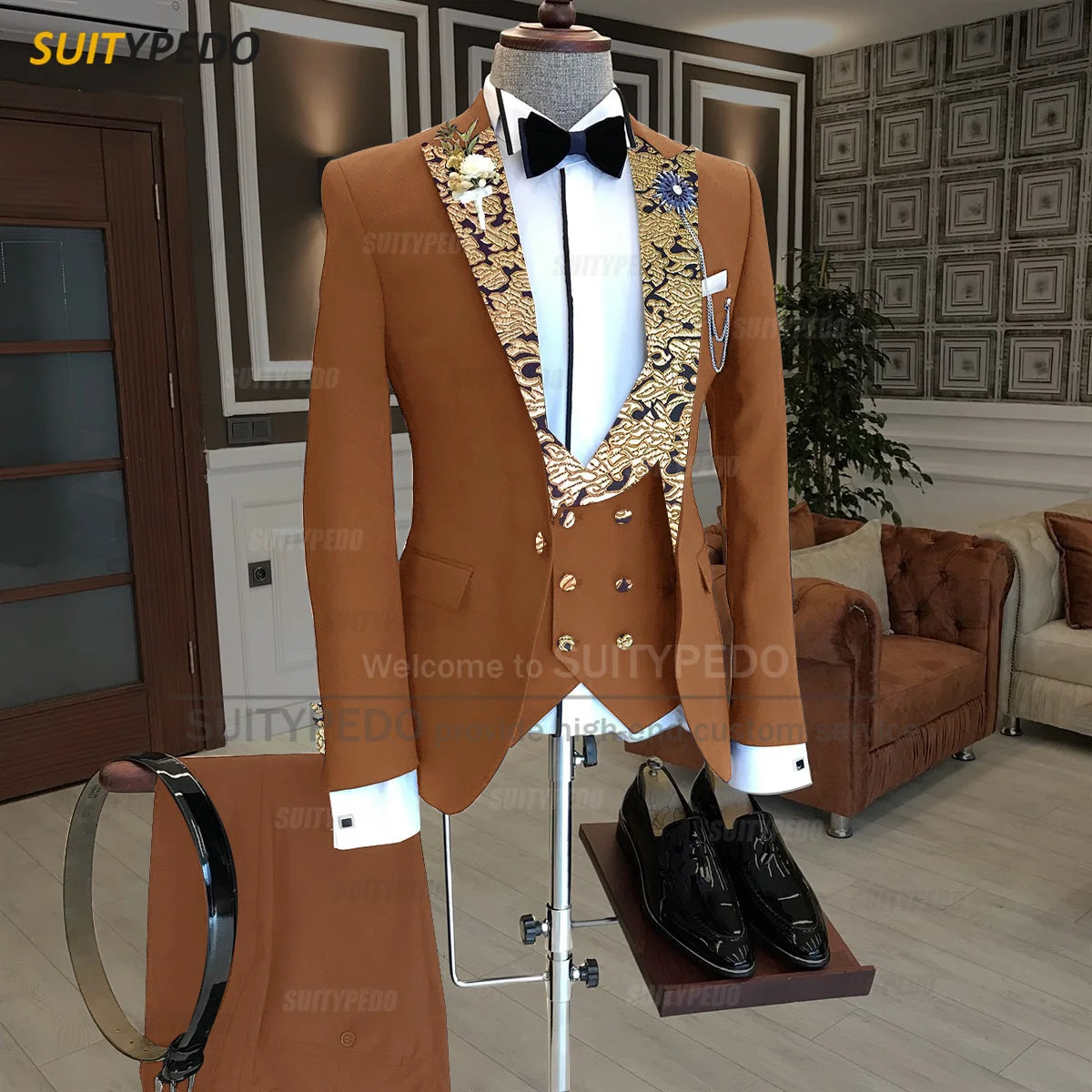 Luxury Men Suits Gold Printed Collar Formal Prom Male Elegant Costume Jacket Vest Pants 3 Pieces Wedding Party Fashion Tuxedos