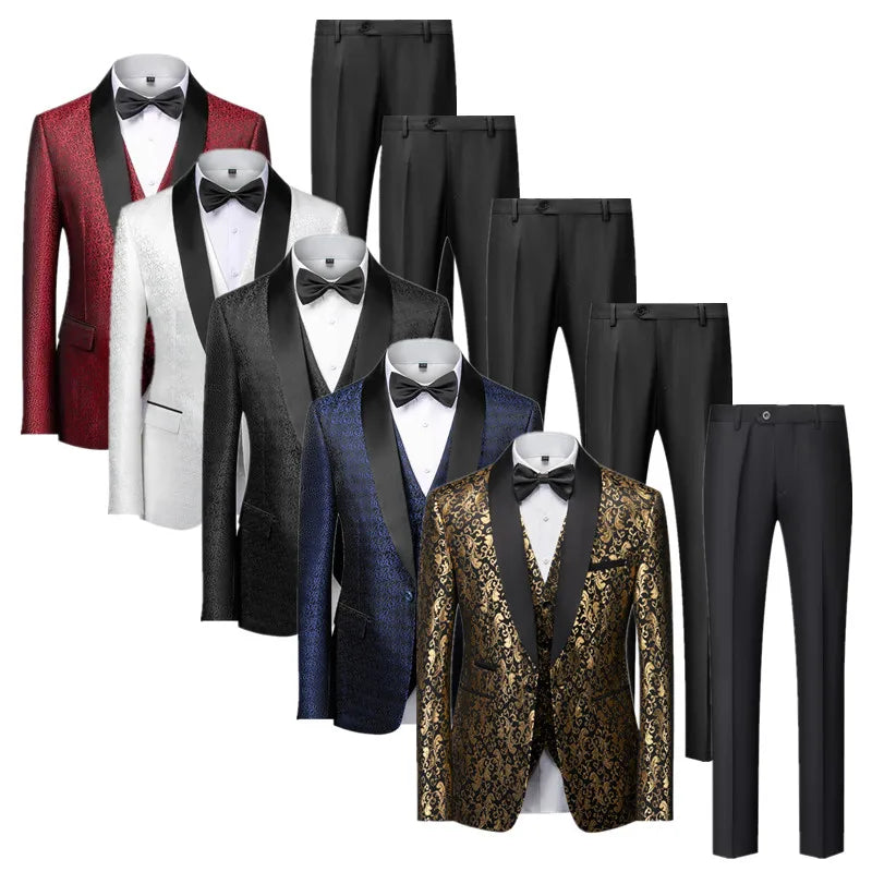 Fashion Men Luxury Wedding Suit Gold / Black / Burgundy / White Classic Homme Jacquard Tuxedo Dress Sets