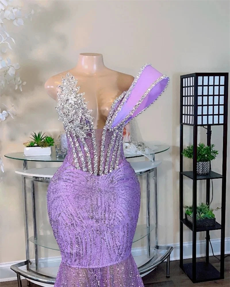 Lilac African American Prom Dresses For Black Girls Mermaid V-neck Sparkly Beaded Robe De Soiree Evening Gown Customized