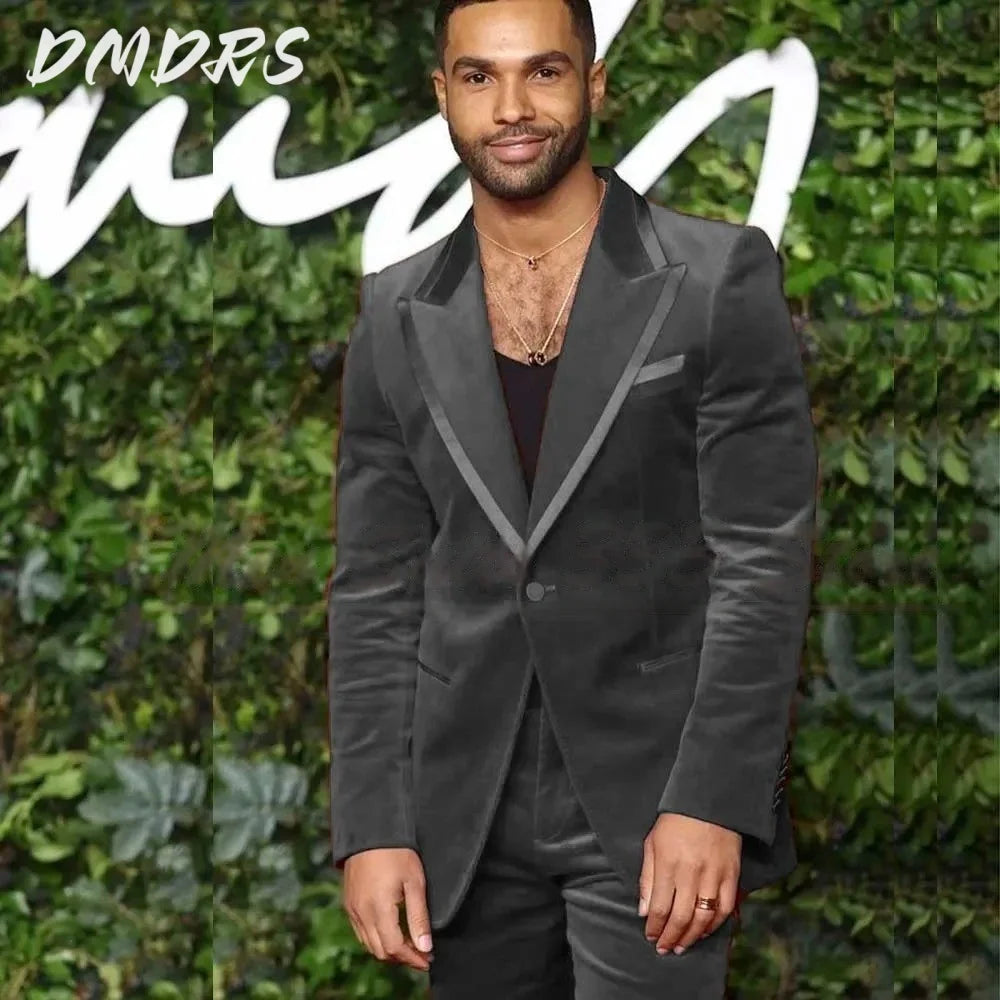 Elegant V-neck Velvet Single button Men Suits High Quality Fashion 2 PCS Jacket Pants Classic Groom 2025 Wedding Slim Fit Outfit