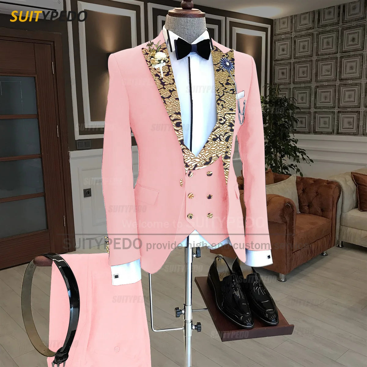 Luxury Men Suits Gold Printed Collar Formal Prom Male Elegant Costume Jacket Vest Pants 3 Pieces Wedding Party Fashion Tuxedos