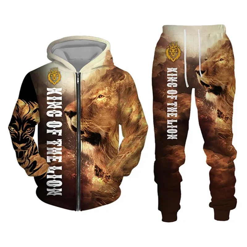 Men's Zip Hoodie Tracksuit Full Hoodies Set Lion Graphic Zipper 2 Piece Hooded Sports Outdoor Casual Sports 3D Print Streetwear