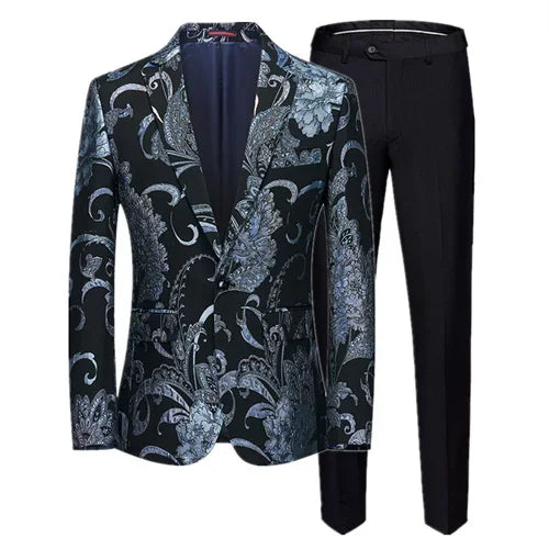 (Jacket + Trousers) Fashion Men Jacquard Suits, High Quality Male Business Social Groom Wedding Party Flower Dress Set