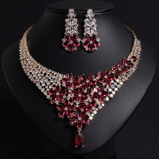 Gorgeous Atmosphere Colourful Flower Necklace Earrings Fine Glitter Jewellery 2 Pcs Set Nigerian Women Wedding Party Dress M-589