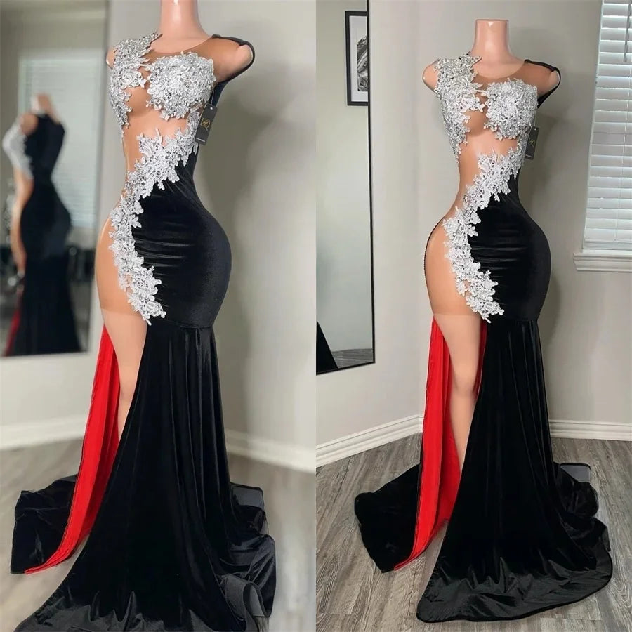 Slit Long Prom Dresses For Black Girls Sheer Appliques American African Evening Gowns Birthday Party Robe Customized