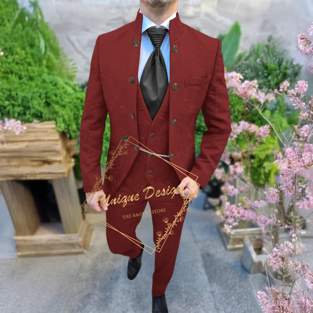 Black Jacquard Men's 3-Piece Deluxe Custom Jacket Vest Pants Slimming Set for Wedding Groom Banquet Prom Party Custom Tuxedo