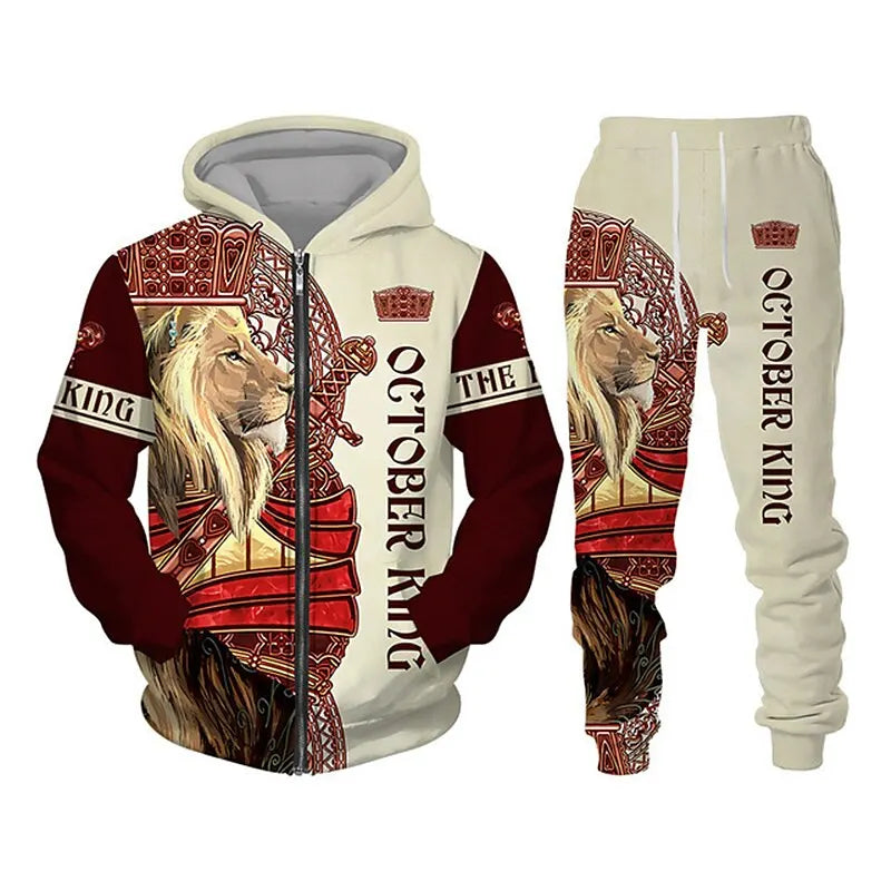 Men's Zip Hoodie Tracksuit Full Hoodies Set Lion Graphic Zipper 2 Piece Hooded Sports Outdoor Casual Sports 3D Print Streetwear