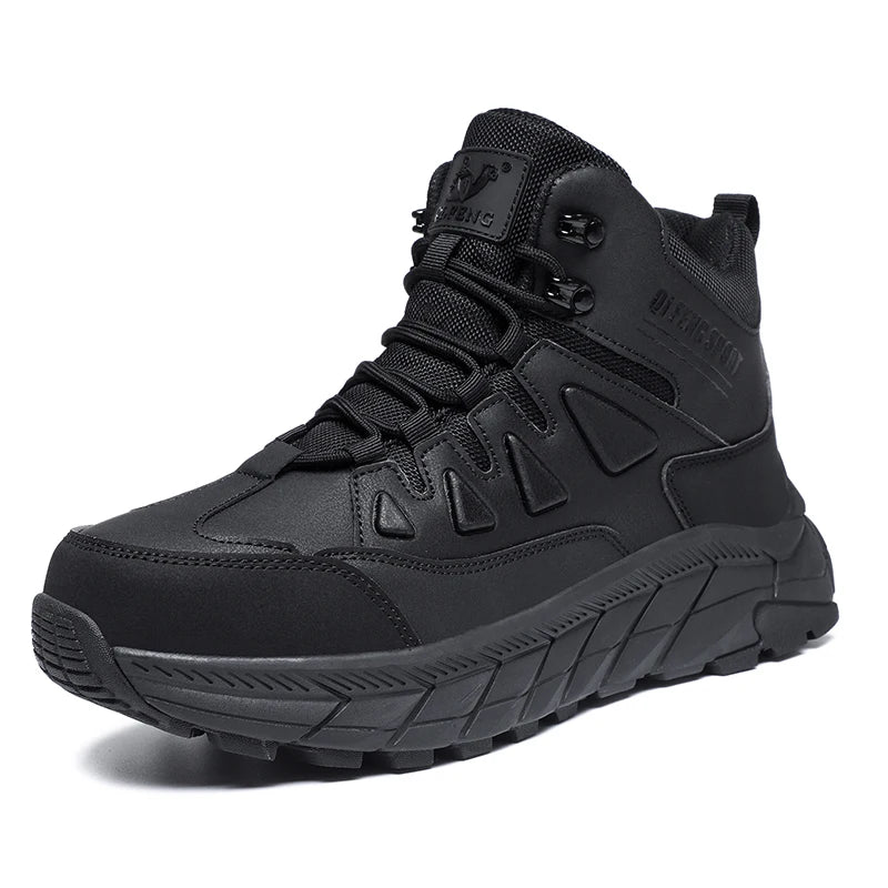 Large Size 48 Leather Hiking Boots Mens Winter Outdoor Warm Fur Non Slip 2025 Fashion Hike Ankle Boot Black Hunting Boots Rubber