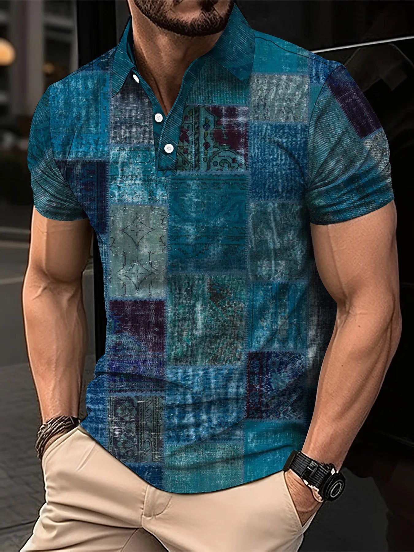 Fashion Elegant Harajuku Slim Fit Ropa Hombre Loose Casual All Match Lattice Men's POLO Shirt Printed Button Short Sleeve Tops