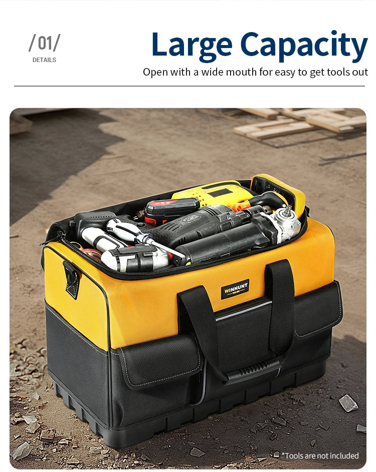 WINHUNT Heavy-Duty Tool Bag with Wide Mouth & Molded Bottom - Adjustable Shoulder Strap, Durable Polyester, Yellow/Black