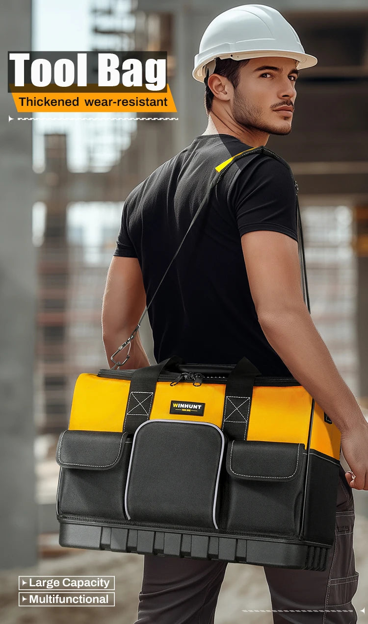 WINHUNT Heavy-Duty Tool Bag with Wide Mouth & Molded Bottom - Adjustable Shoulder Strap, Durable Polyester, Yellow/Black