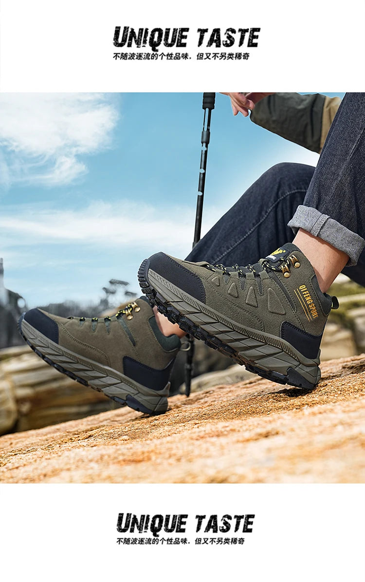 Large Size 48 Leather Hiking Boots Mens Winter Outdoor Warm Fur Non Slip 2025 Fashion Hike Ankle Boot Black Hunting Boots Rubber