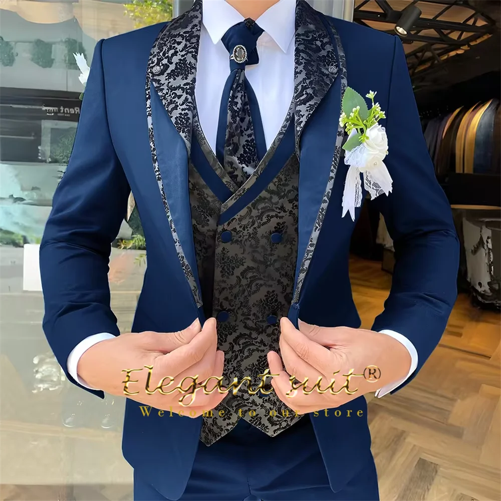 Men's 3-Piece Suit Set, Black Jacquard Vest, Contrast Style, Suit, Vest & Trousers, Weddings & Celebrations Choice