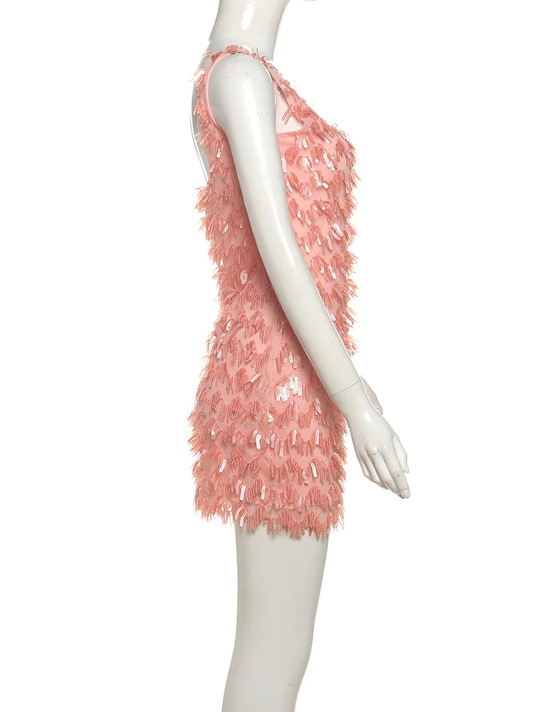 Nibber Fashion Sequins Tassel Mini Dress Women Summer New Trend Square Collar Sleeveless Backless Splits Hem Midnight Outfits