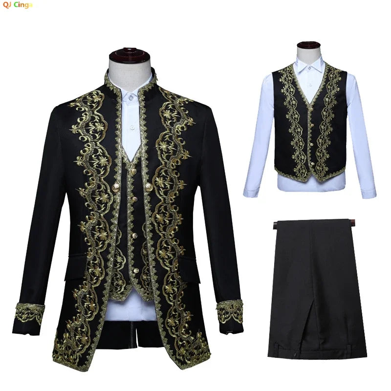 European Gold Vintage Tuxedo Men's Suit 3-Piece, Black Opera,Stage Performance Costume,White Men Sets S,M,L,XXL,3XL,4XL