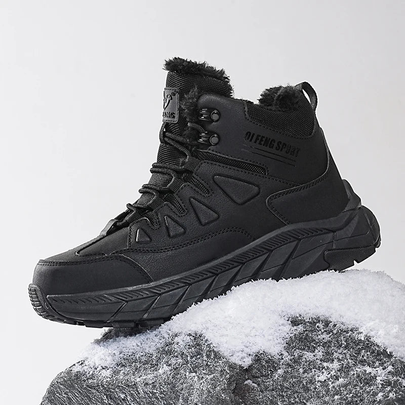 Large Size 48 Leather Hiking Boots Mens Winter Outdoor Warm Fur Non Slip 2025 Fashion Hike Ankle Boot Black Hunting Boots Rubber