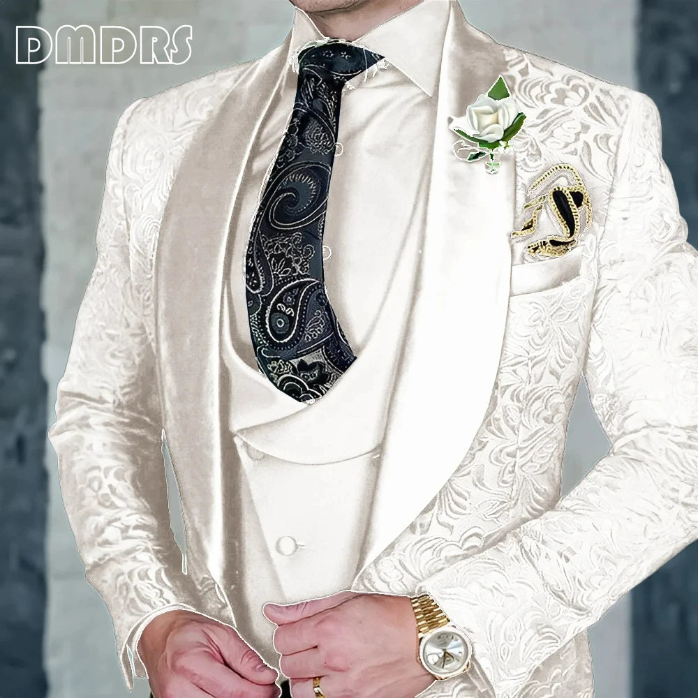 DMDRS | Jacquard Men's 3-piece Suit Set Formal Party Dress Groom's Tuxedo High Quality Elegant Men's Customized Outfit