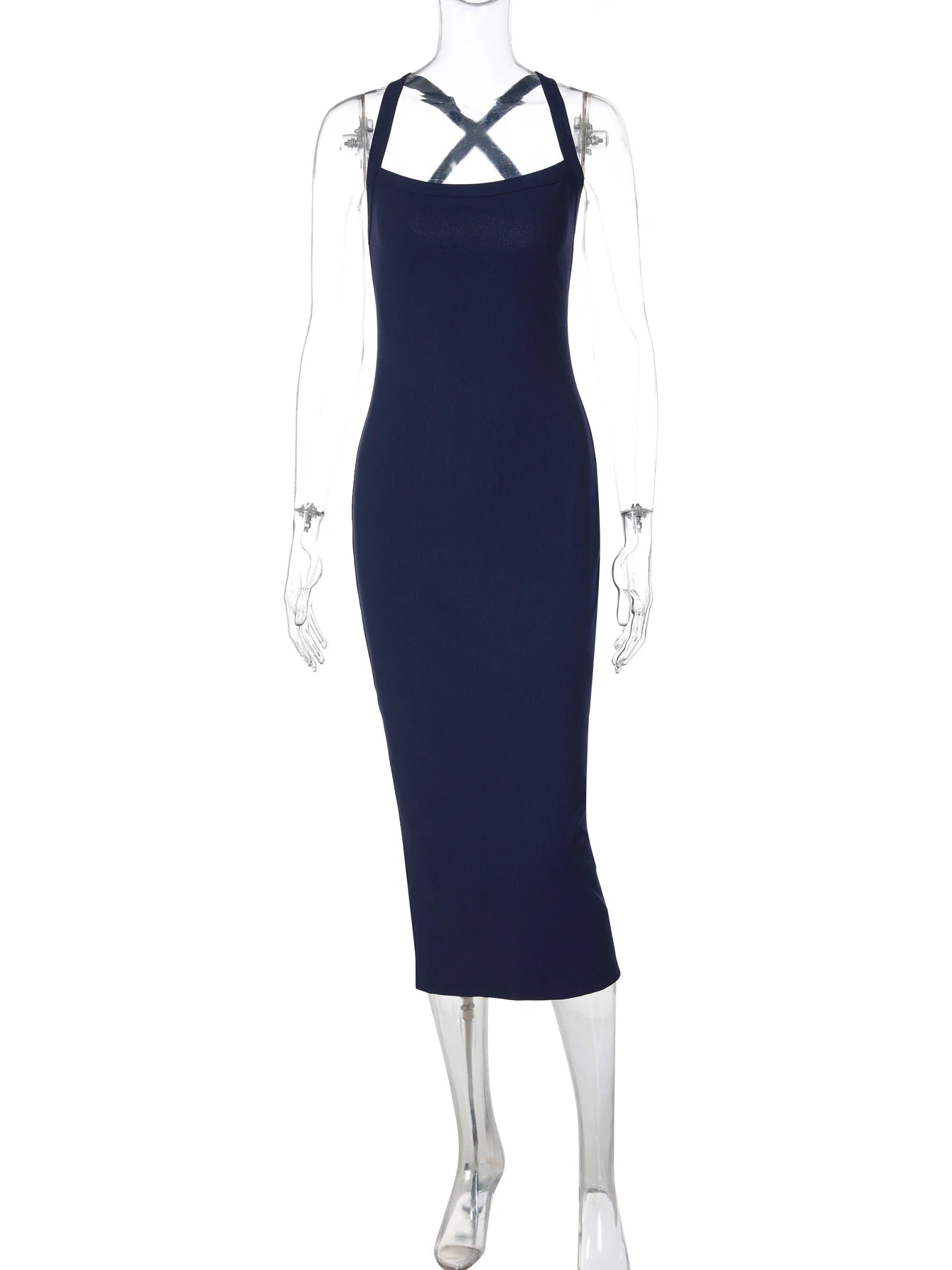 Hugcitar Halter Ribbed Solid Sleeveless Backless Sexy Slim Slit Midi Dress Spring Summer Fashion Clothes Birthday Party Festival