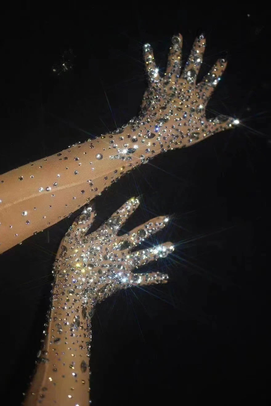 Luxurious Stretch Rhinestone Gloves WomenSparkling Crystal Mesh Long Perspective GlovesDancer Singer Stage Wear Accessories  7G