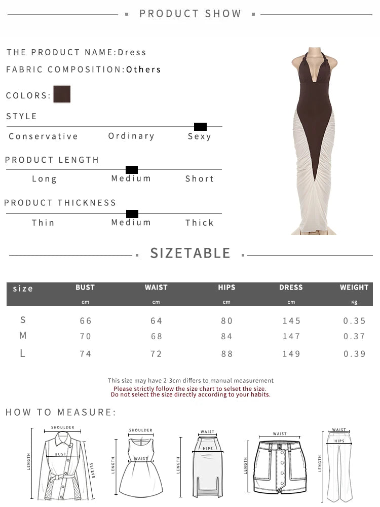 Kliou Ruched Elegant Long Dress Woman Halter Low-Neck Backless Contrast Patchwork Robe Midnight Banquet Party Classic Vestidos