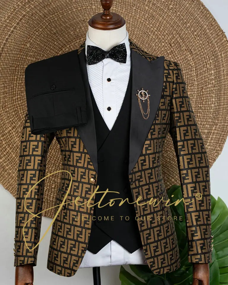 Blue Gold Jacquard Double Breasted Suit for Men Shawl Lapel Slim Fit Luxurious Fashion Statement Wedding Groom Stage Wear homme