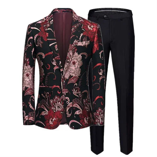 (Jacket + Trousers) Fashion Men Jacquard Suits, High Quality Male Business Social Groom Wedding Party Flower Dress Set