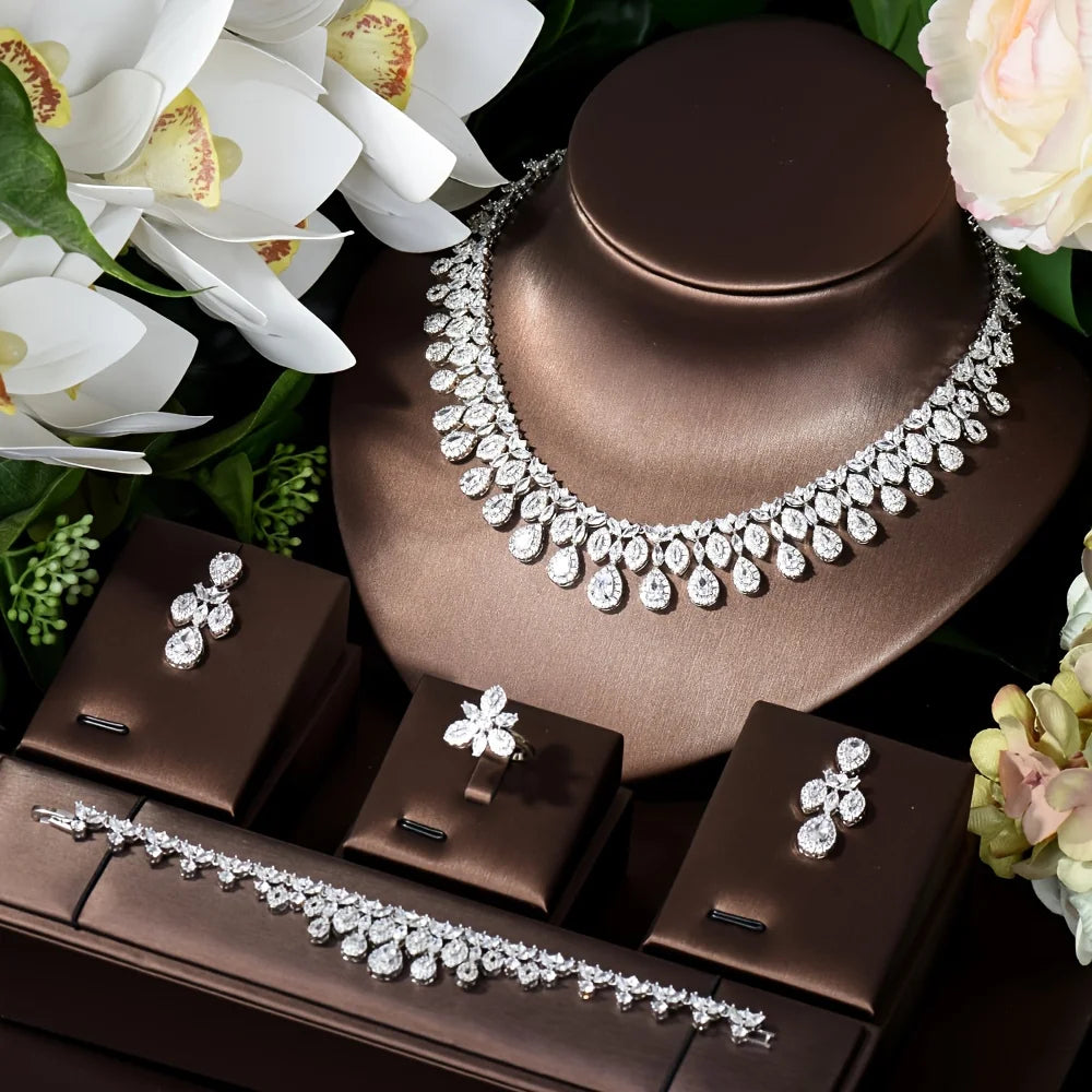 Latest Bridal Wedding Jewelry Sets High Quality Leaf Round Design Women Anniversary 4pc Necklace and Earring Sets S-346