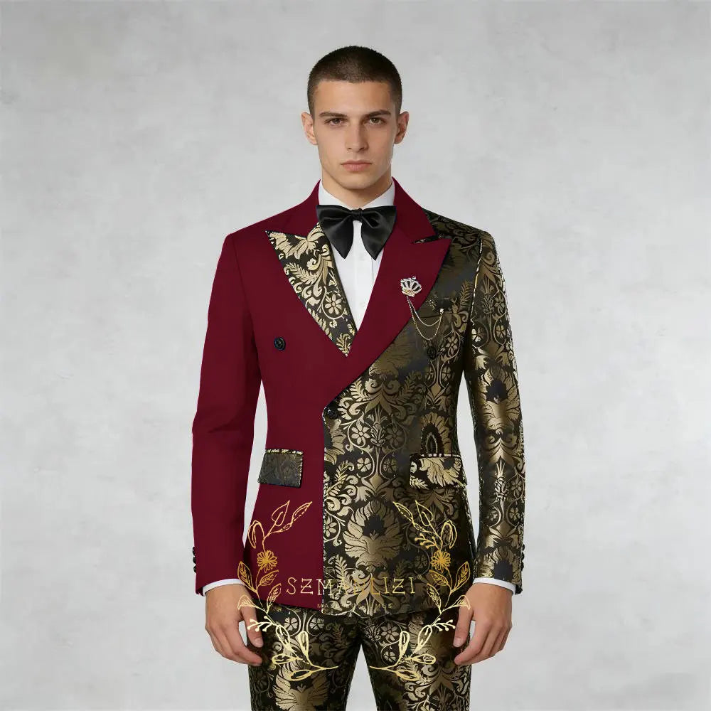 Black And Gold Floral Men's Suit 2 Piece Double Breasted Jacket Wedding Groom Tuxedo Formal Blazer Pants Sets terno masculino