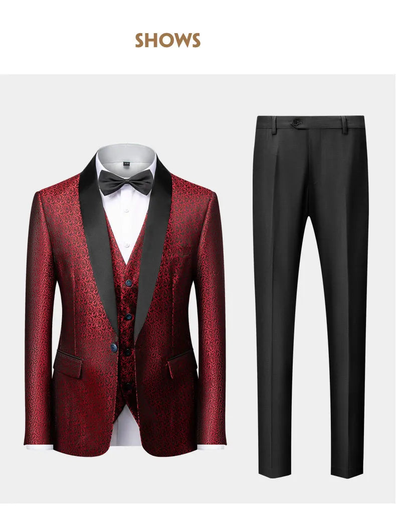 Fashion Men Luxury Wedding Suit Gold / Black / Burgundy / White Classic Homme Jacquard Tuxedo Dress Sets