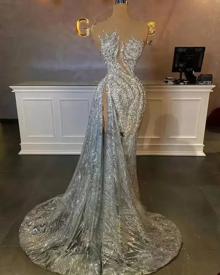 Sparkly Evening Dresses Mermaid Slit Beaded Women Luxury Middle East Saudi Arabia Dubai Robe De Soiree Prom Gown Customized