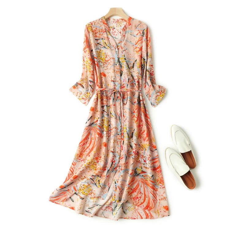 Women 100% Natural Silk Crepe Silk Beige Floral printed shirt Dress half sleeve split neck with belt midi dress L XL FF011