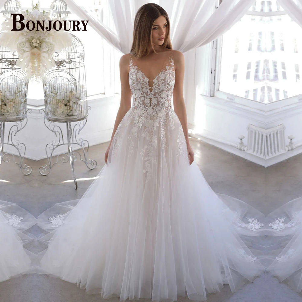 BONJOURY Charming Wedding Dress Mermaid Appliques Button Off the Shoulder Court Train Vestidos De Novia Brautmode Customized