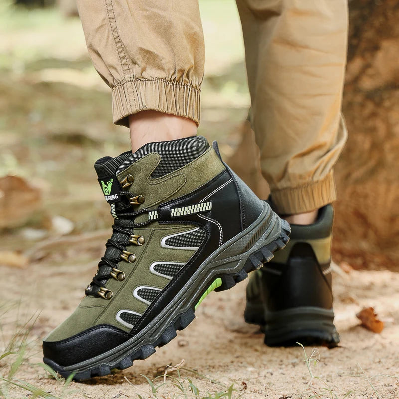 Mens Trekking Boots Thick Soles Wear-resistant Suede Leather Breathe Lace Up Sneakers Winter Warmth Comfort Camping Hiking Shoes