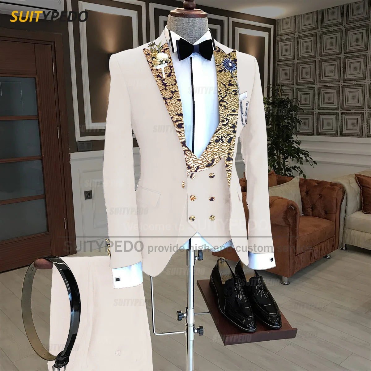 Luxury Men Suits Gold Printed Collar Formal Prom Male Elegant Costume Jacket Vest Pants 3 Pieces Wedding Party Fashion Tuxedos