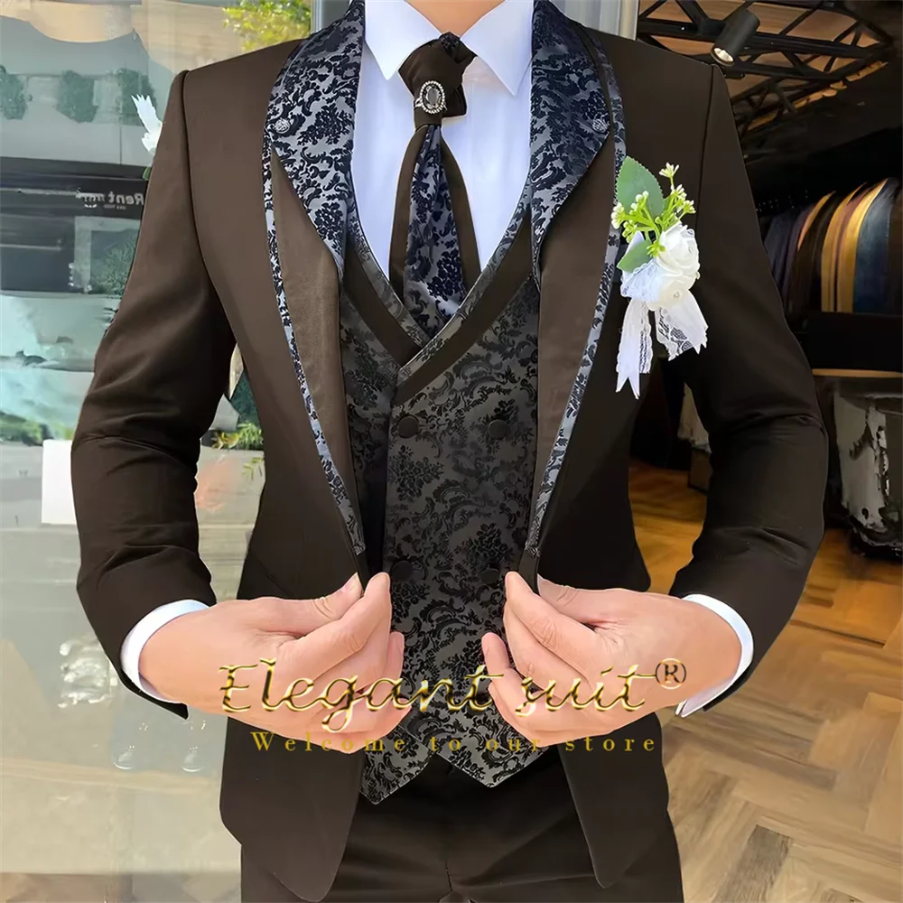 Men's 3-Piece Suit Set, Black Jacquard Vest, Contrast Style, Suit, Vest & Trousers, Weddings & Celebrations Choice